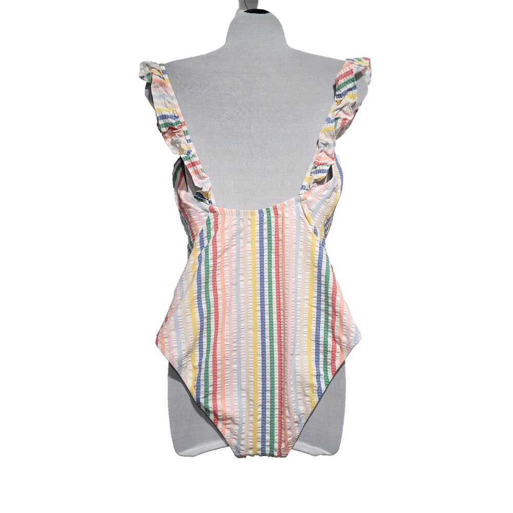 J crew Striped Seersucker Swimsuit 1pc 12 Rainbow Stretch Flutter Sleeves Preppy - Picture 3 of 12
